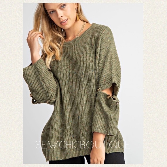 3/4 Adjustable Button Sleeves Knit Sweater - Picture 1 of 6